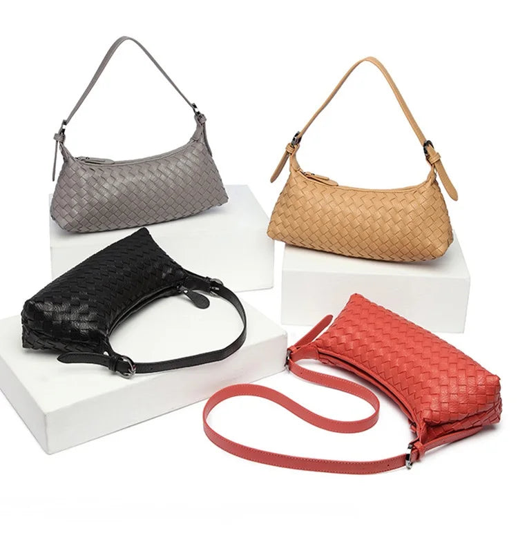 Hobo Underarm Handmade Shoulder Woven Bag Daily Tote Bags for Women Vegan Leather Handbag PU Weave Moon Bag