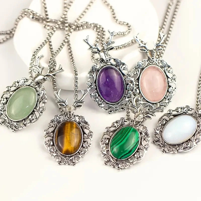 Wholesale Natural Stone Crystal Sika Deer Pendant Necklace Gemstone Jewelry Amethyst tiger Eye Animal Pendant