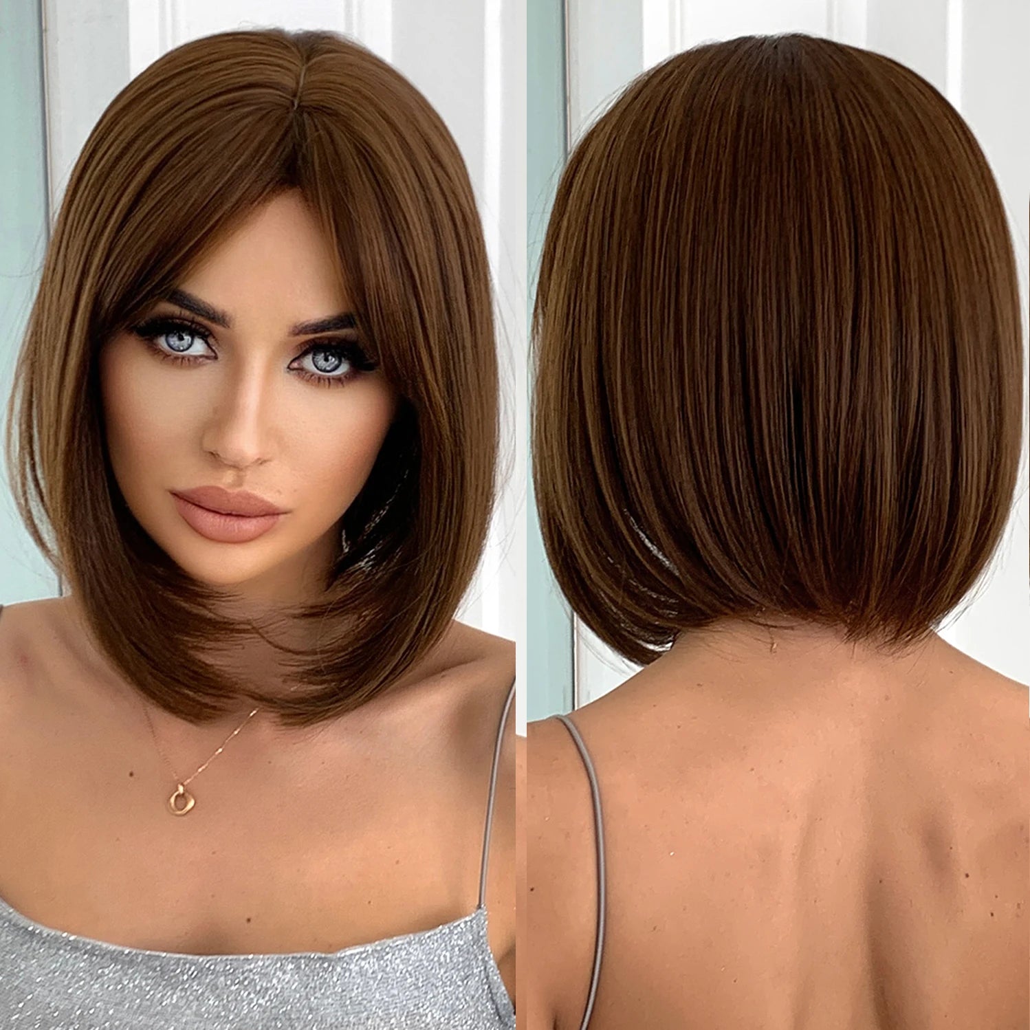 Factory Direct Sale Brown Bob Synthetic Wig With Bangs Short Straight Daily Wig Party Lolita Natural Hairstyle Durable