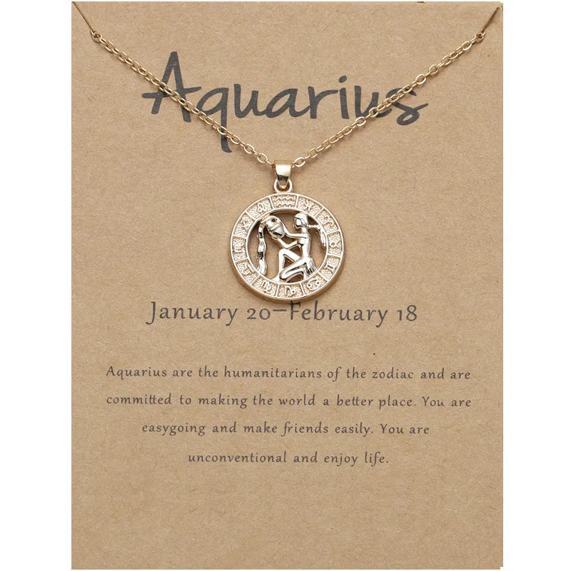 Newest 12 Zodiac Necklace Round Animal Pendant Charm Jewelry Rose Gold Plated Zodiac Signs Necklace for Women