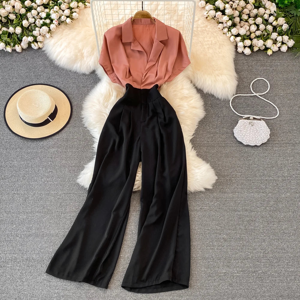 Summer Haute Couture Fashion Celebrity V-neck Jumpsuit Temperament Pleated Waist Straight Leg Wide Leg Pants Jumpsuit