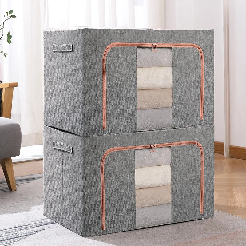 2 Pack Foldable Clothes Storage Bins with Handles clear Window Stackable Home Fabric Quilt Toy Organizer Large Capacity