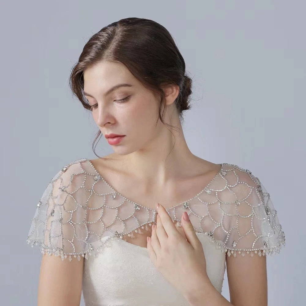 QUEENSGOWN Luxury Tulle Rhinestone Cape Bridal Accessory Pure Handmade Beaded Crystal Pearl Wedding Dress Shawl