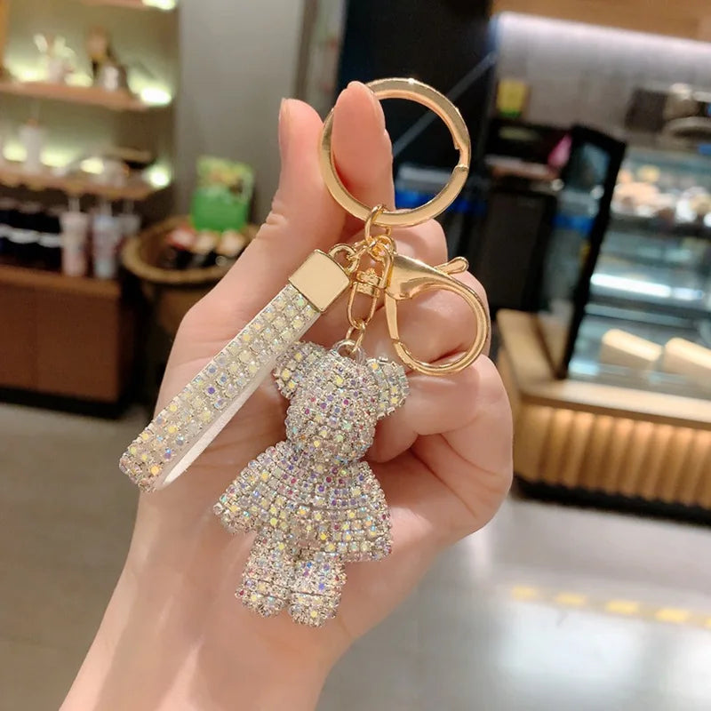 Fashion Bear Car Key Pendant Bag Charm Rhinestone  Bear Key Chain Womens Luxury Glitter Bling Keychain