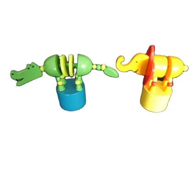 Custom Logo Shape Wood Animal Push Puppets Kids Wooden Push up Toy with Robot Body Cartoon Military Toy with Customized Logo