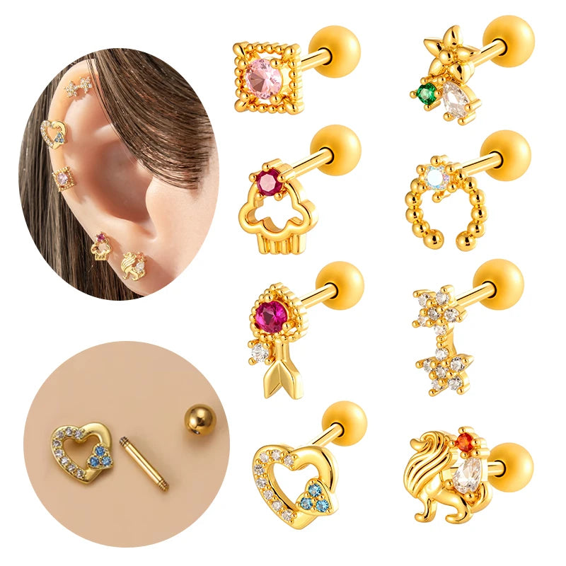 Hengsen Multicolor CZ Gold Plated Cartilage Earring Stud Surgical Steel Earlobe Earrings Helix Tragus Piercing Jewelry for Women