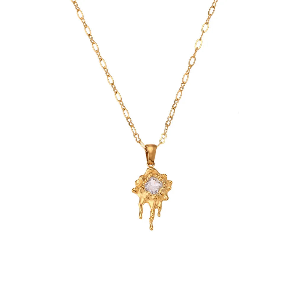 2024 Vintage Shining Oval Zircon Drop Necklace 18K Gold Plated Stainless Steel Link Chain Set