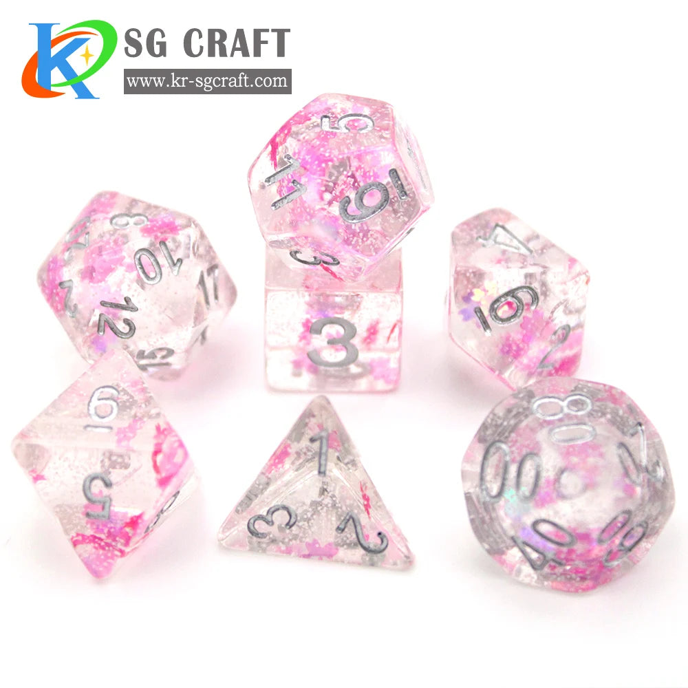 Wholesale Resin Luxury Square Polyhedral Dice Set 16mm Transparent Paillette Stone Casino RPG DND Games