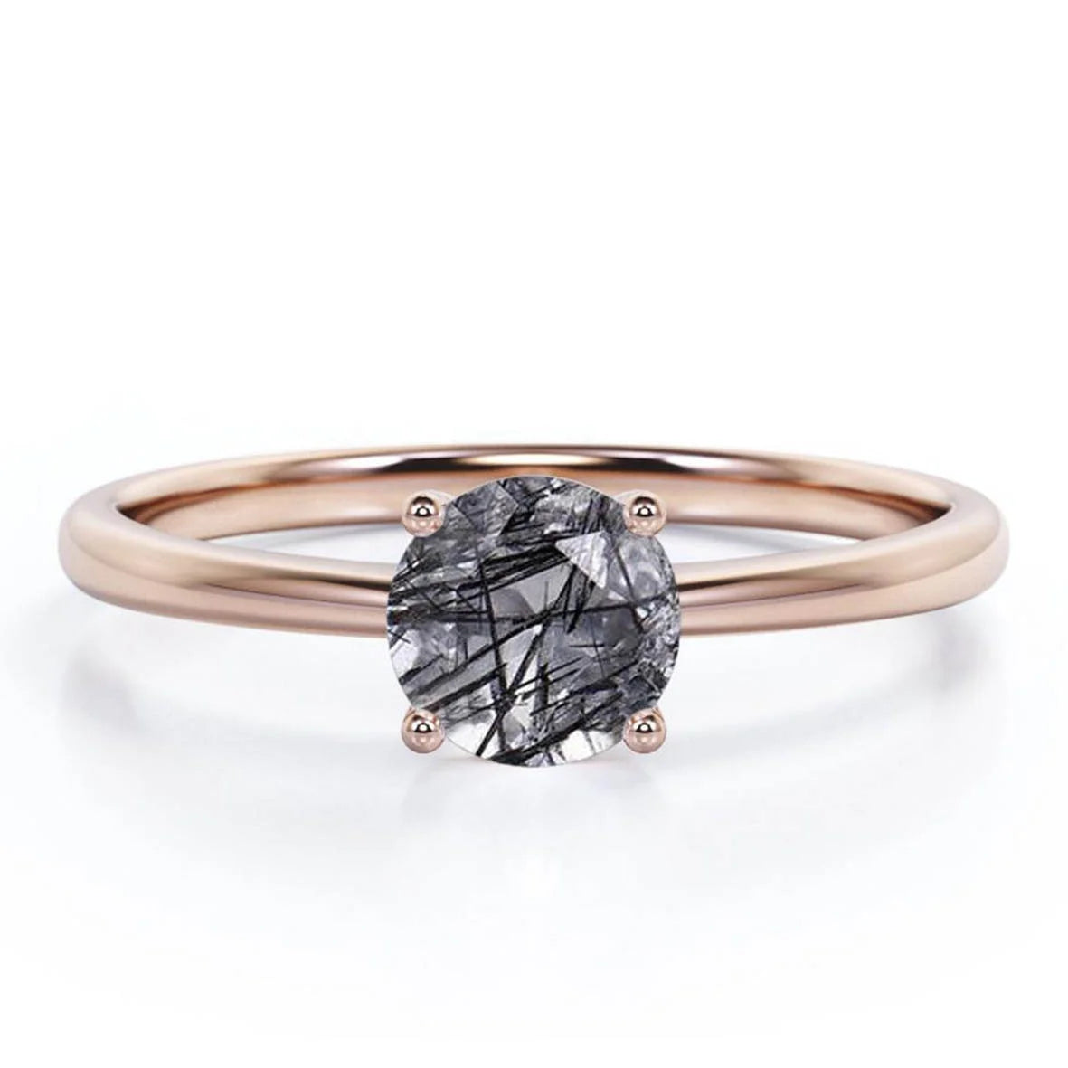 925 Sterling Silver Minimal Black Quartz Solitaire Statement Ring Alternative Gemstone Jewelry for Wedding Engagement Gift