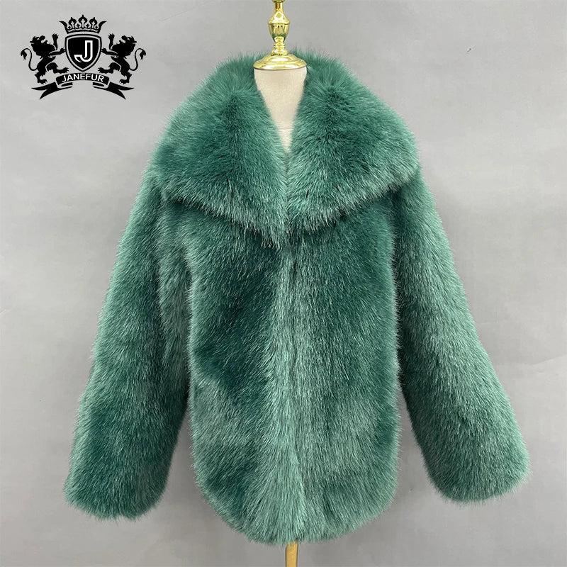 2022 Winter New Design Wholesale Fake Fox Fur Coat Women Plus Size Green Fur Custom Faux Fur Coat