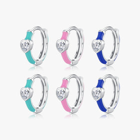 925 Sterling Silver Shining Clear Heart CZ Fine Jewelry High-End Klein Blue Enamel Hoop Earrings
