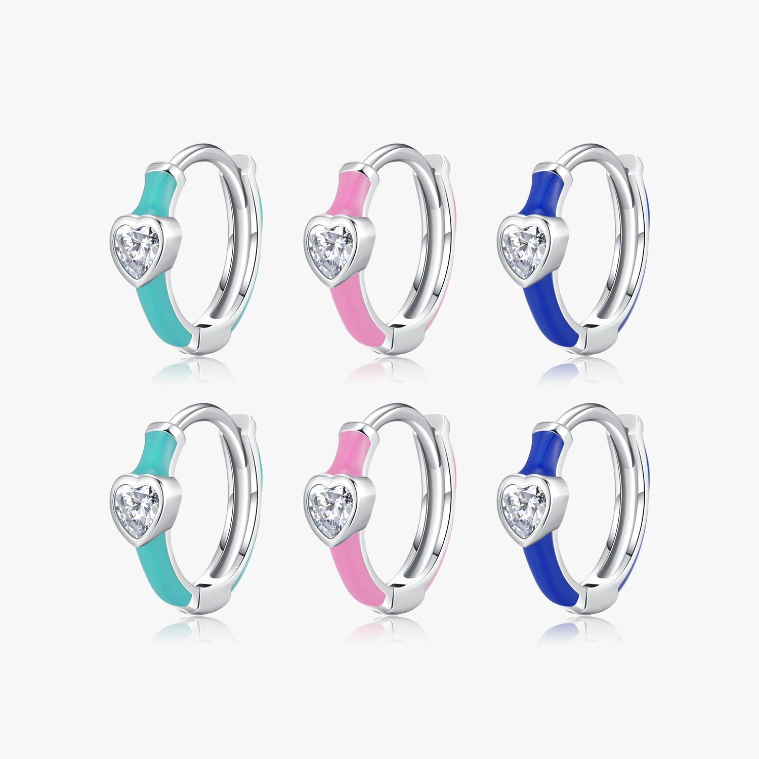 925 Sterling Silver Shining Clear Heart CZ Fine Jewelry High-End Klein Blue Enamel Hoop Earrings
