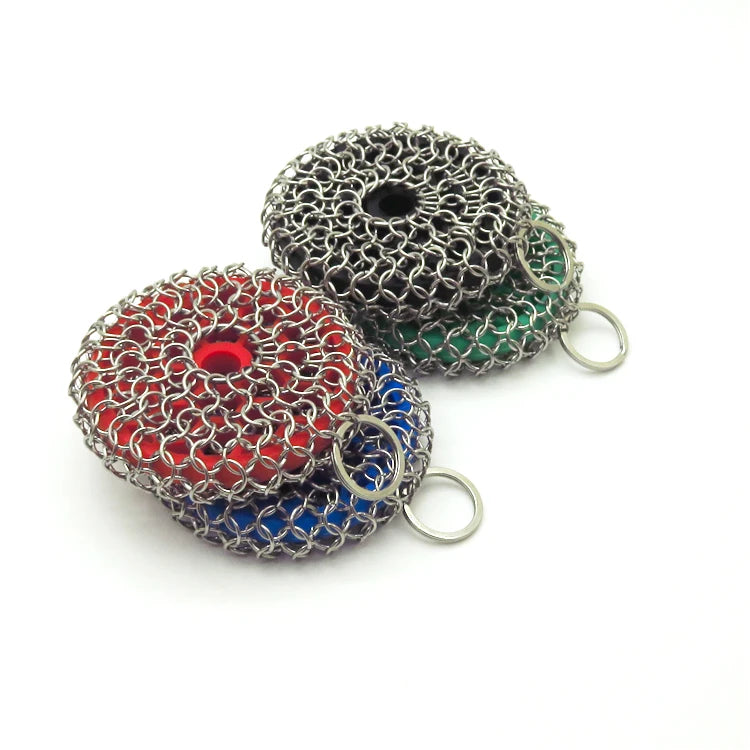 WELAND Round Stainless Steel Cast Iron Cleaner Chainmail Scrubber with Silicone Insert