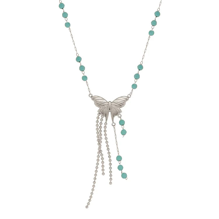 Vintage Jewelry Necklace Stainless Steel Blue Beads Link Chain butterfly Charm Tassel Necklace
