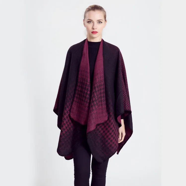 Lady's Polyester Hounds Tooth Check Gradual Change Warm Winter Cape Scarf with Jaquard Design