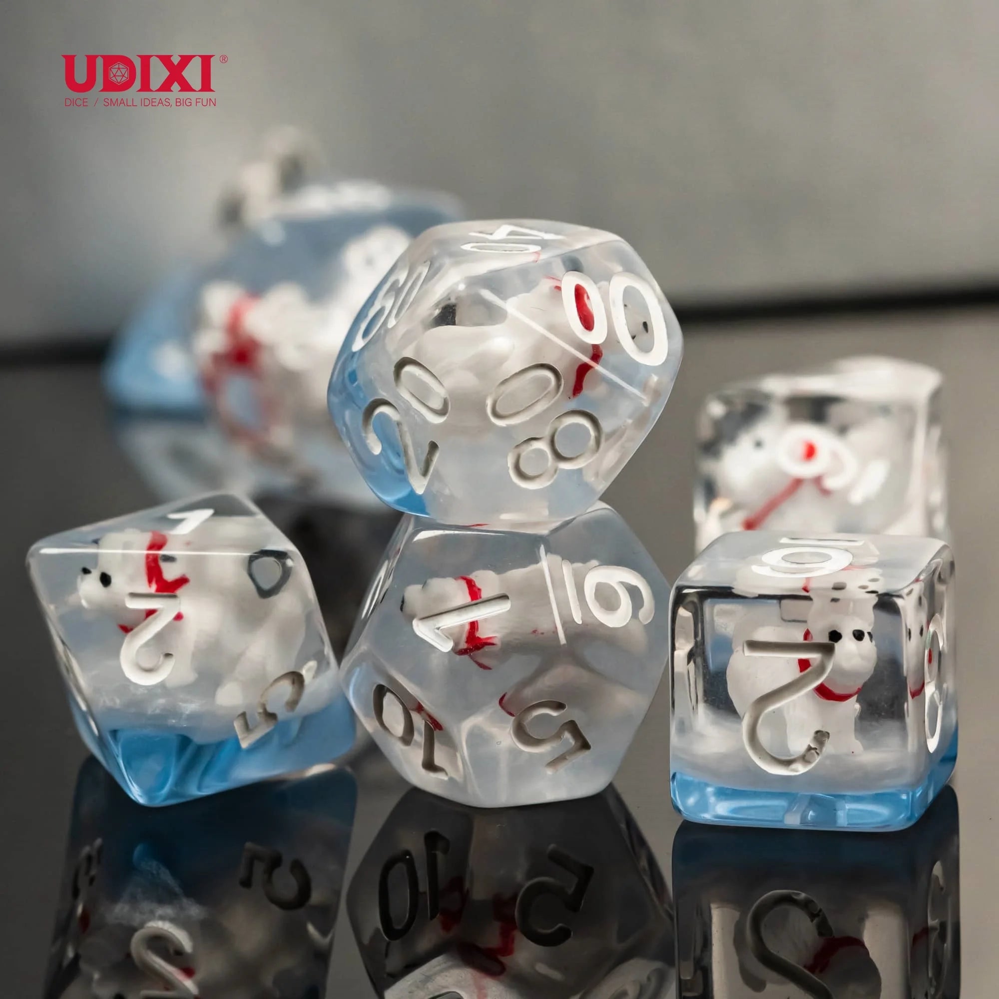 Udixi Custom Logo RPG Dungeons and Dragons Resin Polar Bear Game Set 7-Piece Complete Polyhedral Dice Regular Size Adult