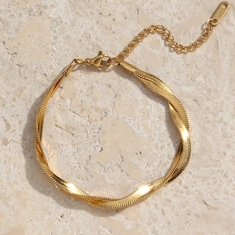 Guarantee Dreamshow Tarnish Free 18K Gold Plated Stainless Steel Double Layer Woven Snake Chain Bracelet for Women Jewelry