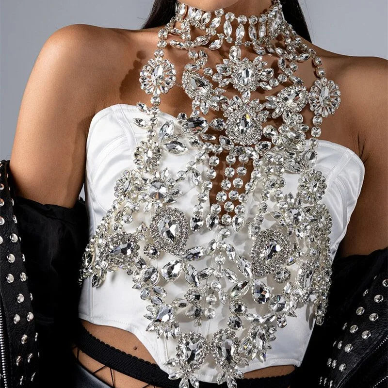 Women Crystal Neck Chain Crop Top Shiny Rhinestone Body Chain Sparkly Clubwear Party Bralette