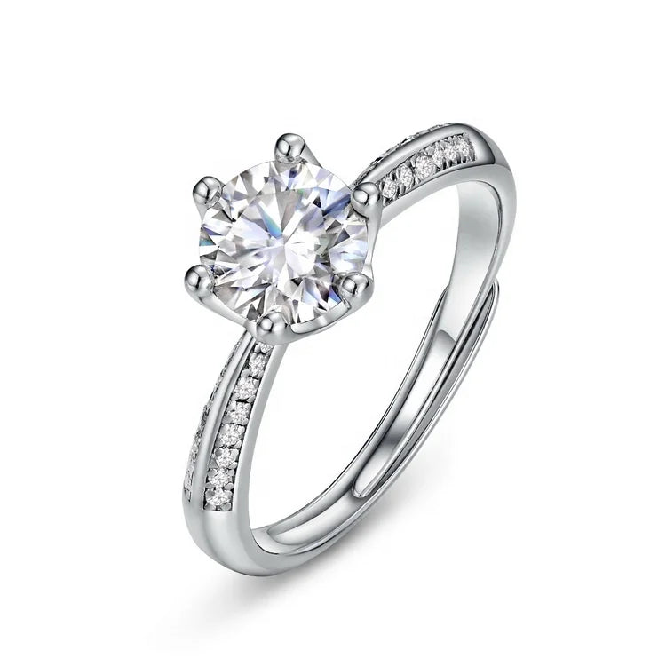 Silver 925 Original Diamond Test Past Round Brilliant Cut 1 Carat D Color Moissanite 6 Prong Wedding Rings Gemstone Jewelry