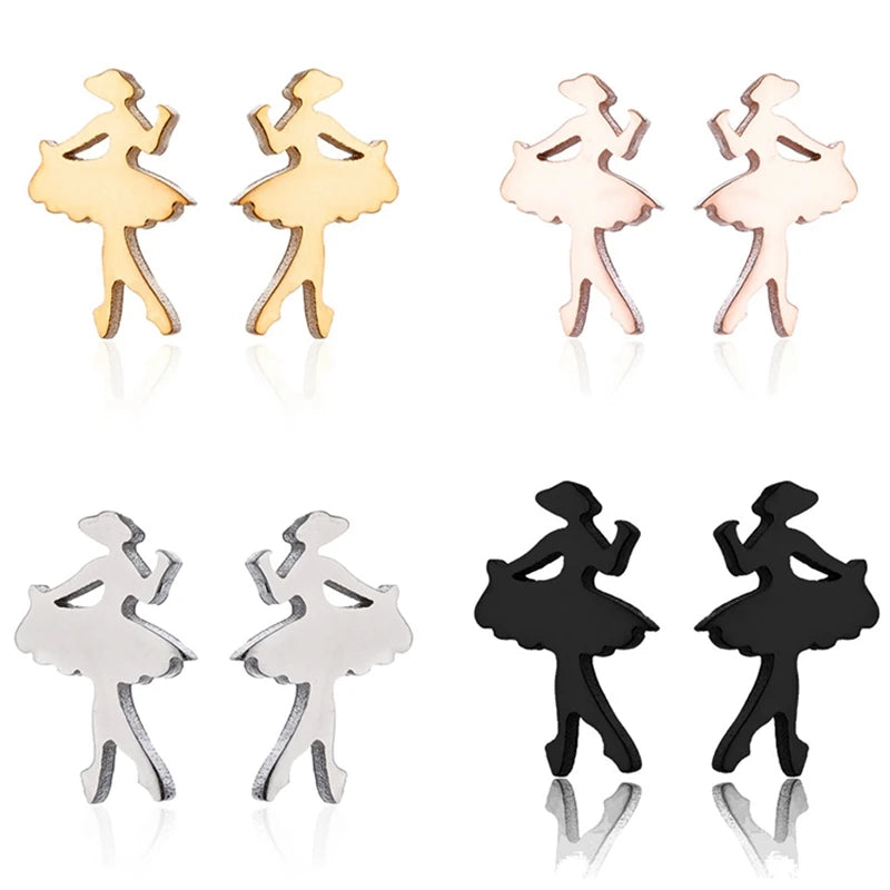 Unique Non Tarnish 18K Gold Silver Plated Stainless Steel Dancing Girl Ballet Dancer Stud Earrings for Women