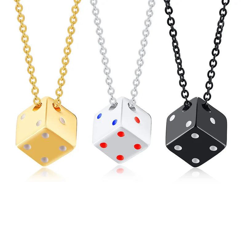 BINSHUO Dice Necklaces Stainless Steel Jewelry PVD Waterproof 18K Gold Plated Dripping Oil Cube Dice Pendant Necklaces for Men