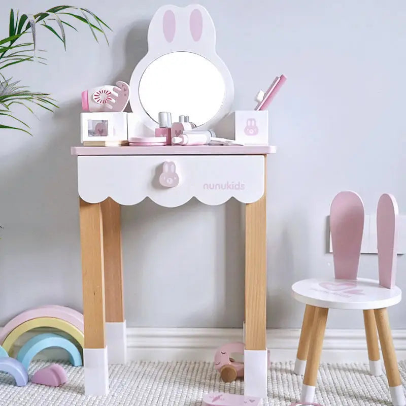 2026 New Arrival Custom Children Wooden Rabbit Pink Pretend Play Make up Dressing Table Educational Dresser Gift Toys for Girls