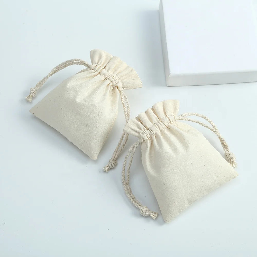 5*7cm Beige Cotton Jewelry Drawstring Bag Linen Ring Packaging Pouch with Cotton Rope