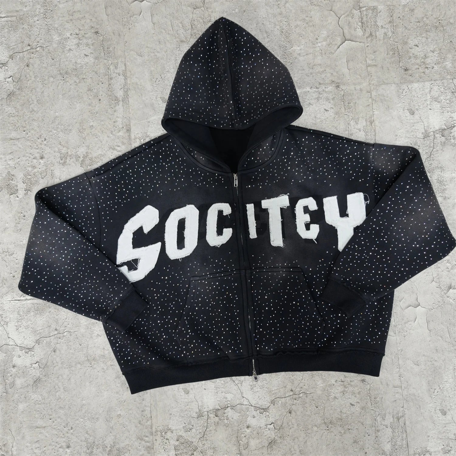 US Free Tax Custom Embroidered Applique Heavyweight Streetwear Boxy Oversized Fit with Crystal Rhinestones Men's Zip Hoodie