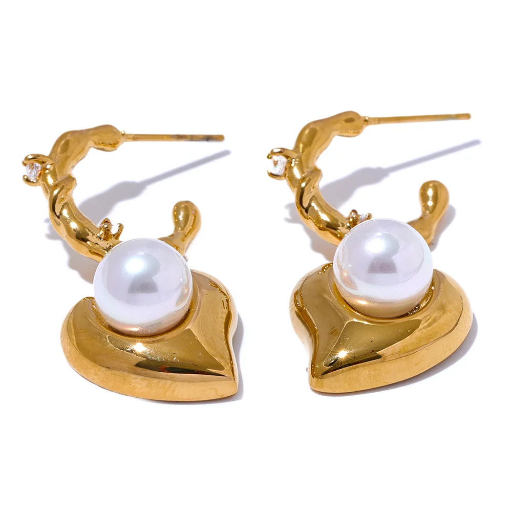 JINYOU 3239 Trendy Pearls Stainless Steel Heart Drop Hoop Earrings for Women Prevent Allergy Exquisite Korean Jewelry