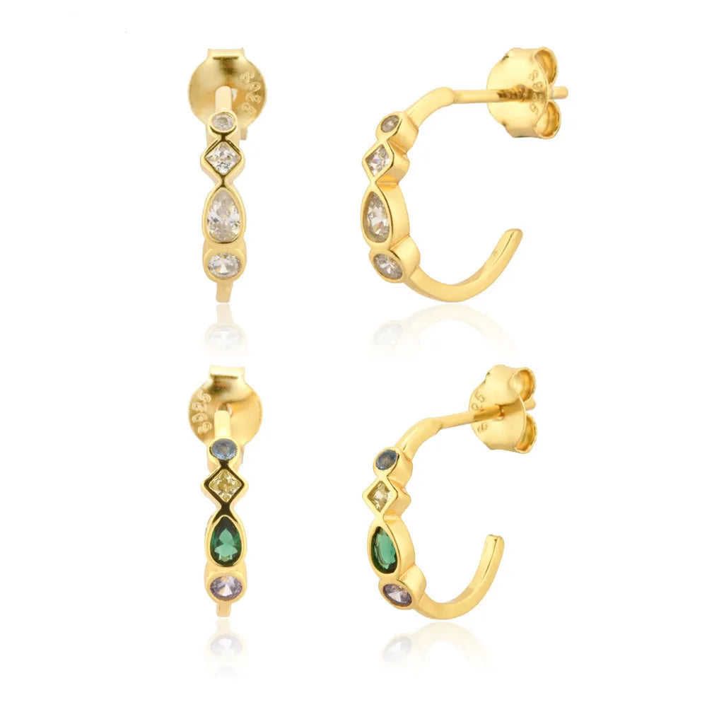 European S925 Sterling Silver C Shaped Inlaid Drop Shaped White Stone Color Zircon Stud Earrings