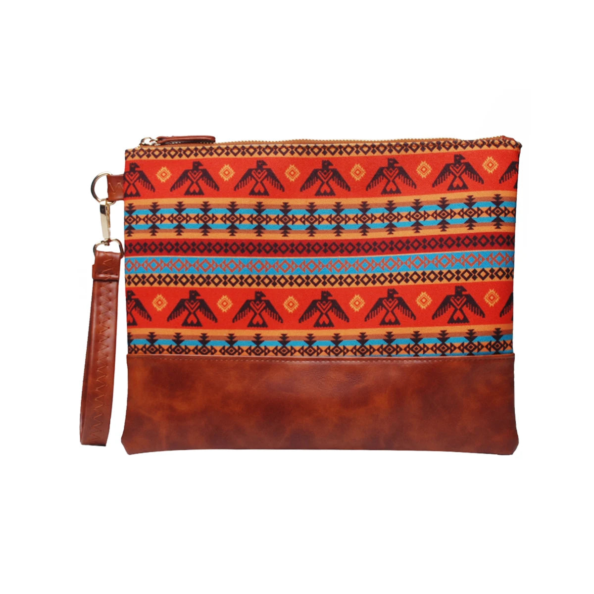 Customizable 100 Pcs Women Eagles Tribal Canvas PU Leather Wallet Traditional Orange Aztec Clutch Maya Civilization Wristlet