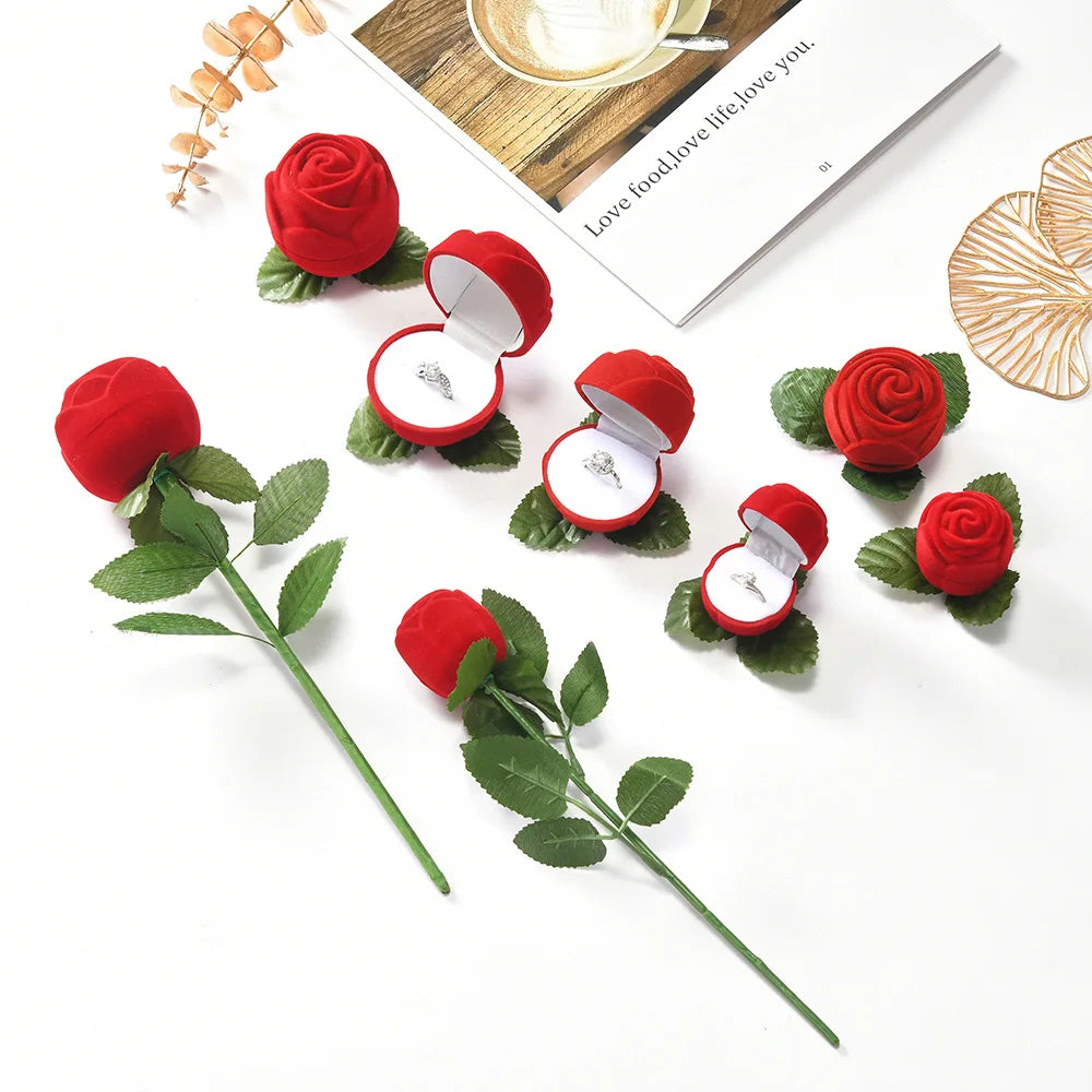 Handmade Premium Velvet Gift Box with Rose Head Branch Delicate Earring Stud Flannelette Flocking Fashion Boutique Rings Box