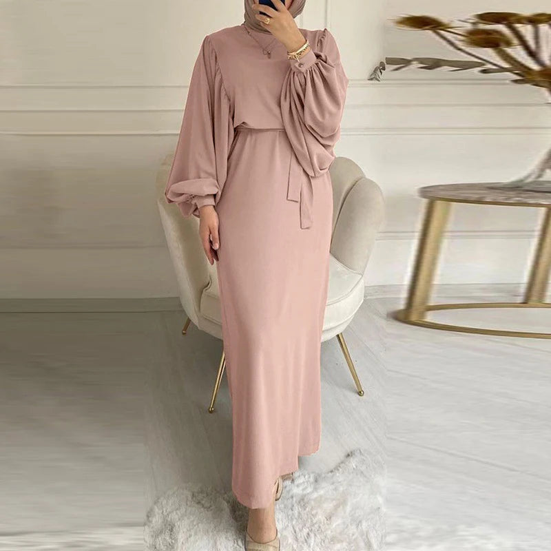 Best Selling Ladies Elegant Muslim Dress for Women Long Islamic Printed Puff Sleeve Clothing Plus Size Short Sleeved