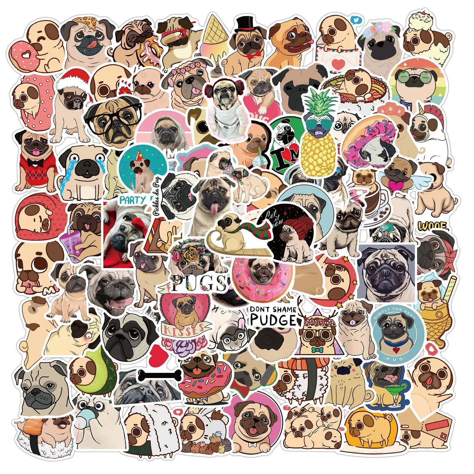 100Pcs Cute Pug Dog Cartoon Graffiti Stickers for Laptop Car Decor Funny Pet Puppy Sticker