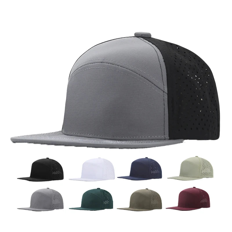 Custom Logo Quick Dry Waterproof Flat Sun UV Protection Bill Hat 6 Panel Golf Mesh Trucker Snapback Cap