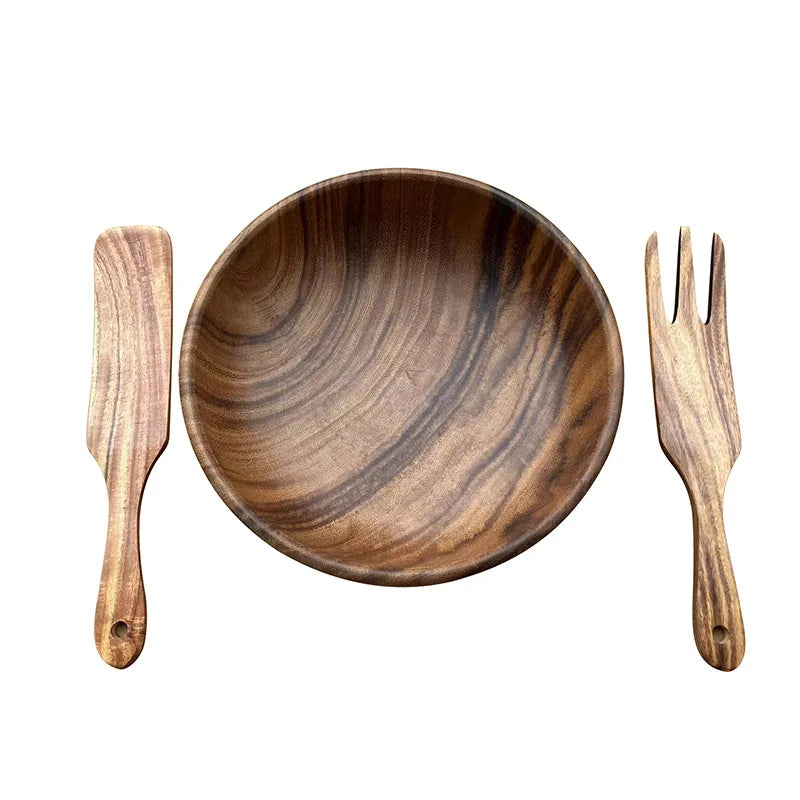 Acacia 24cm Large Wooden Salad Bowl and Agitator Fork Eco-Friendly Food Safe