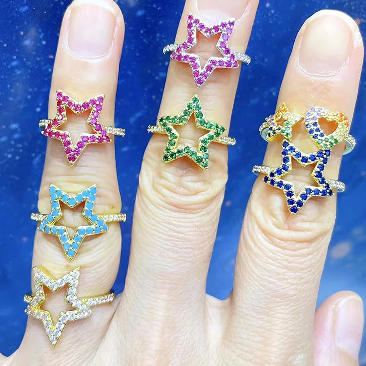 RM1278 Fashion Dainty Minimalist 18k Gold Plated Multi Color CZ Diamond Star Brass Open Rings