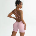Women's Seamless Ribbed Yoga Jumpsuit Short Length U Neck Compression Sports Bodysuit with Scrunch Back