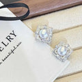 New Chinese Style Palace Geometric Lace Stud Earrings 8-8.5mm AAAA Grade Platinum Plated Natural White Bread Freshwater Pearl MegaBDM
