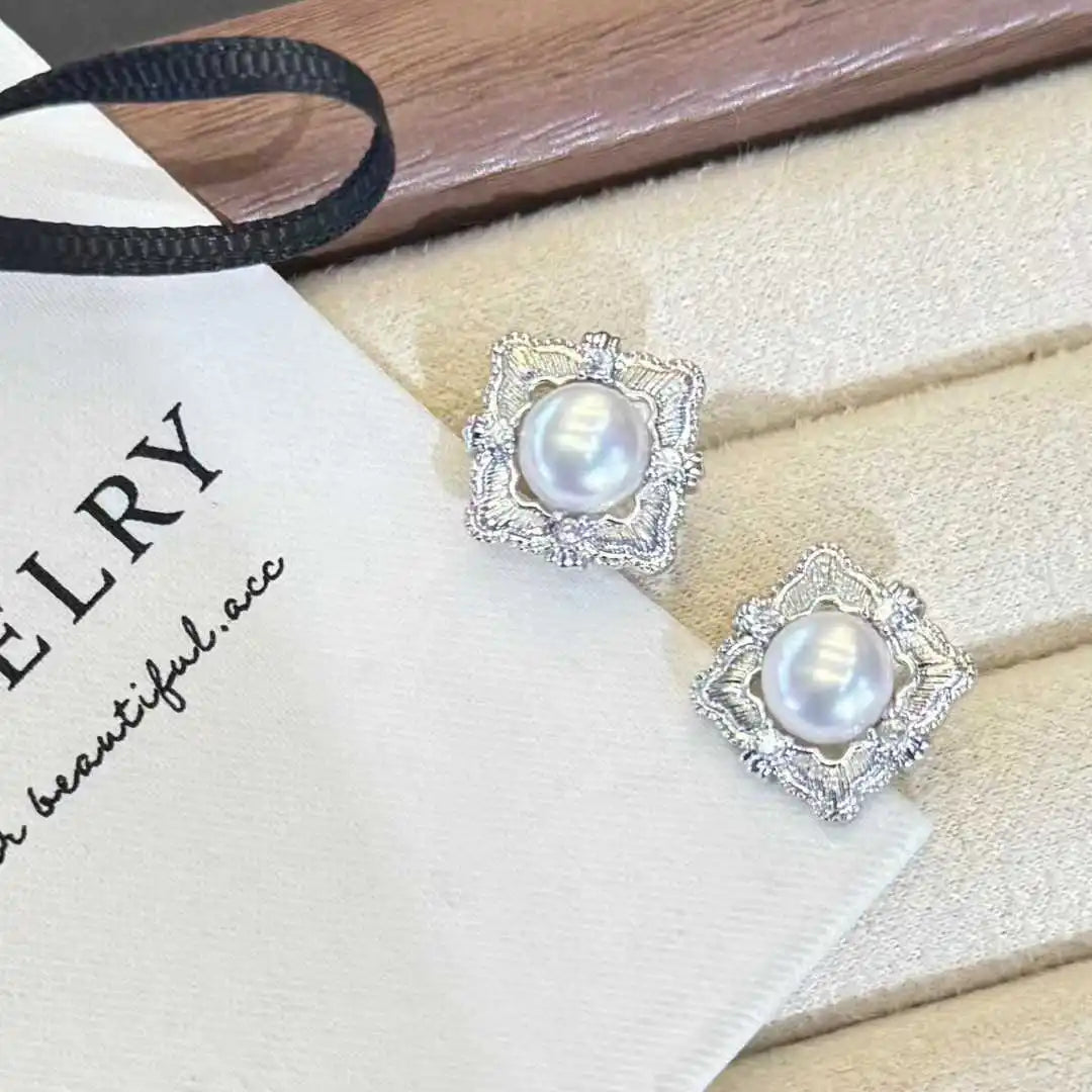 New Chinese Style Palace Geometric Lace Stud Earrings 8-8.5mm AAAA Grade Platinum Plated Natural White Bread Freshwater Pearl MegaBDM