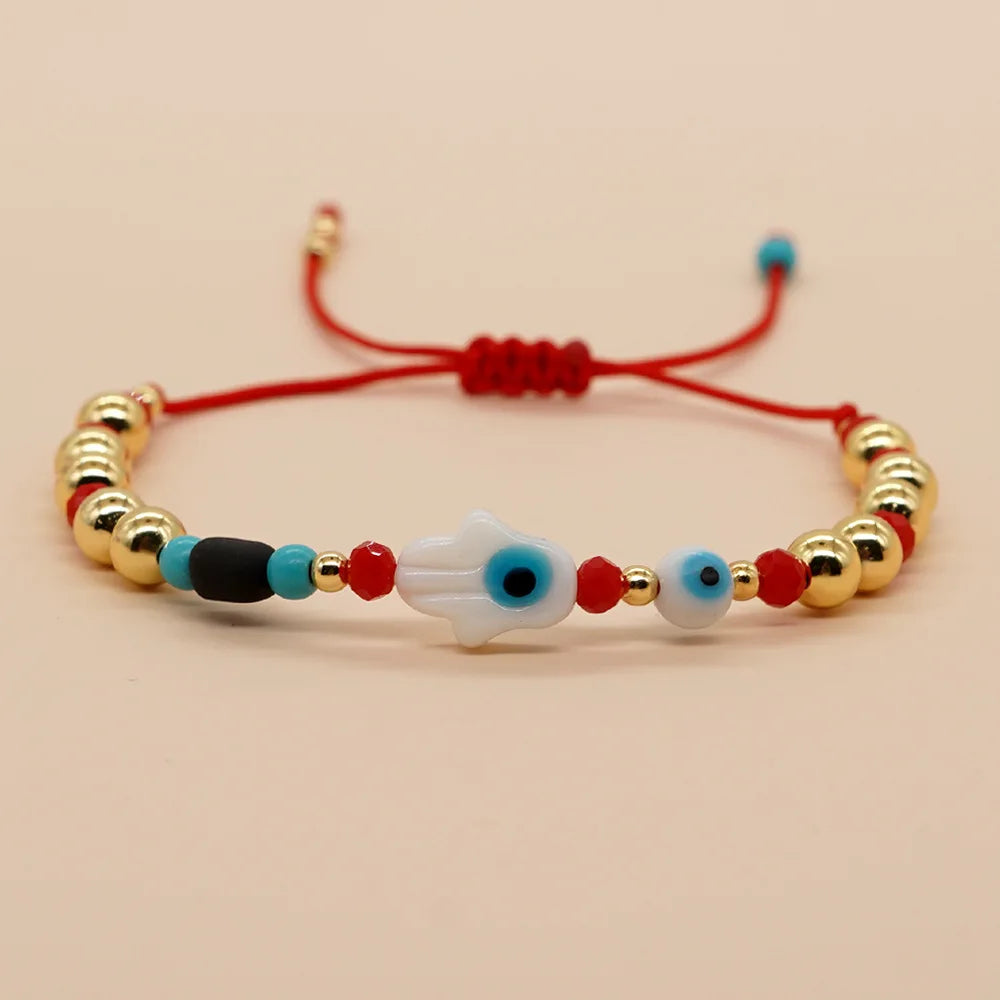 Go2boho Handmade Boho String Beaded Bracelet Women's Gold Plated Crystal Hamsa Fatima Beads for Wedding Gift Beach Charm Pulsera