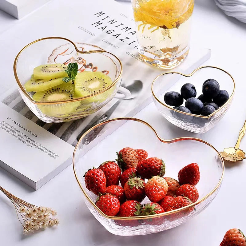 Wedding Tableware Dessert Ice Cream Snacks Candy Serving Dish Kitchen Gold Rimmed Crystal Glass Heart Shaped Fruits Salad Bowls