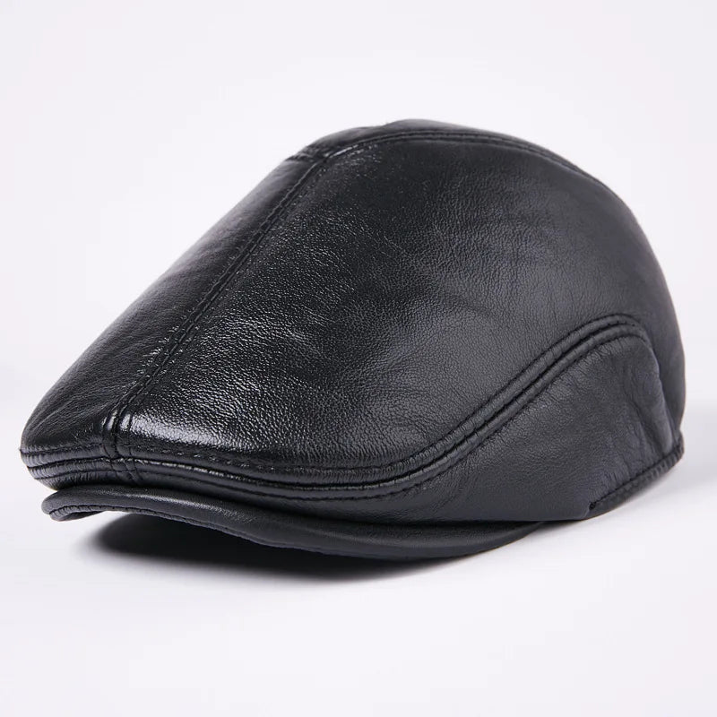 R059 Male Cowhide Genuine Leather Hats Men Genuine Leather Beret Hat  Youth Leather Hats
