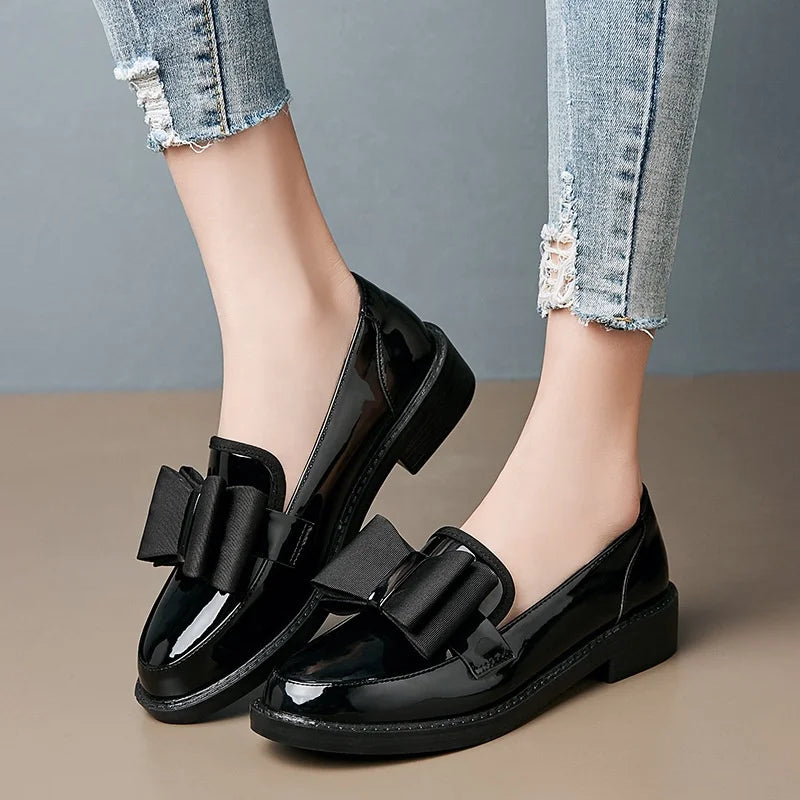 Y Women Singles Soft Wearable Non-slip Block Heel Mary Jane British Style Black butterfly Loafer Shoes for Ladies