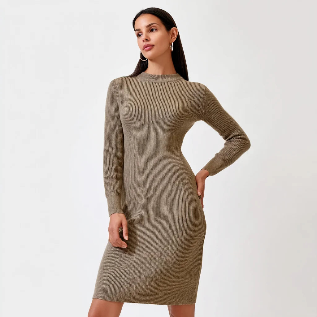 Sleek Women's Ribbed Knit Sweater Dress Bodycon Fit Stretch Fabric Versatile Style