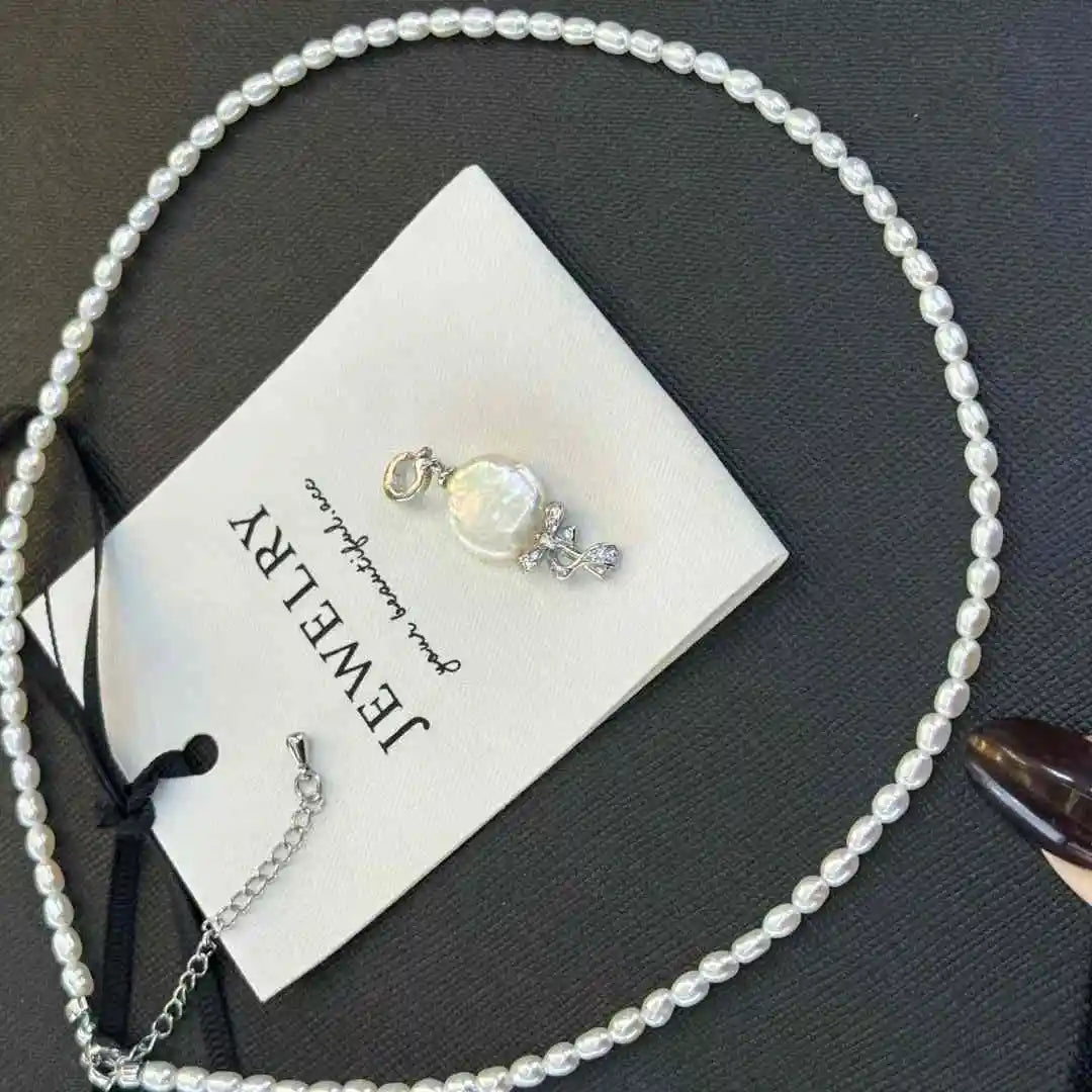 Natural Freshwater Rice Shaped Pearl Button Necklace with Bow Sunflower Pendant Multiple Wearable Freshwater Pearl Jewelry