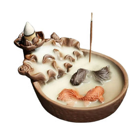 14.5*5cm Lotus Fish Oud Aroma Luxury Insents Incense Fountain Ceramic Backflow Incense burner Waterfall Cones