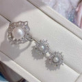 Elegant Vintage Jewelry Set Hollowed Out Design Zircon Inlaid Ring and Natural Freshwater Pearl Earrings