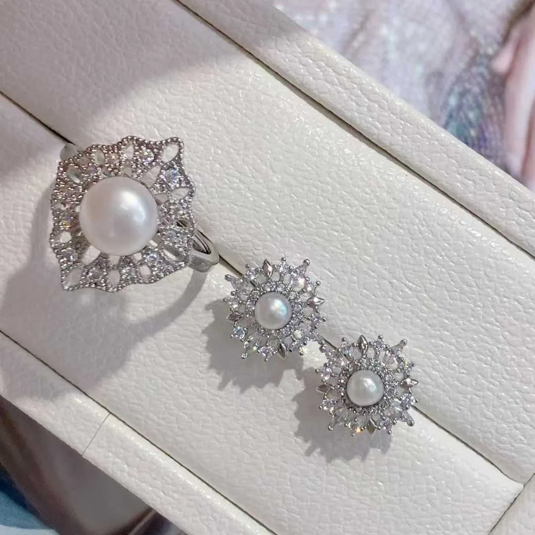 Elegant Vintage Jewelry Set Hollowed Out Design Zircon Inlaid Ring and Natural Freshwater Pearl Earrings