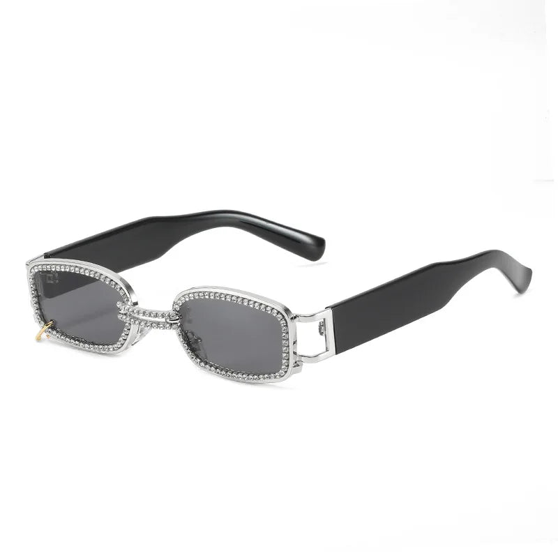 2021 New Street Style Diamond Glasses Retro Square UV400 Men's Black Sunglasses with Rhinestone